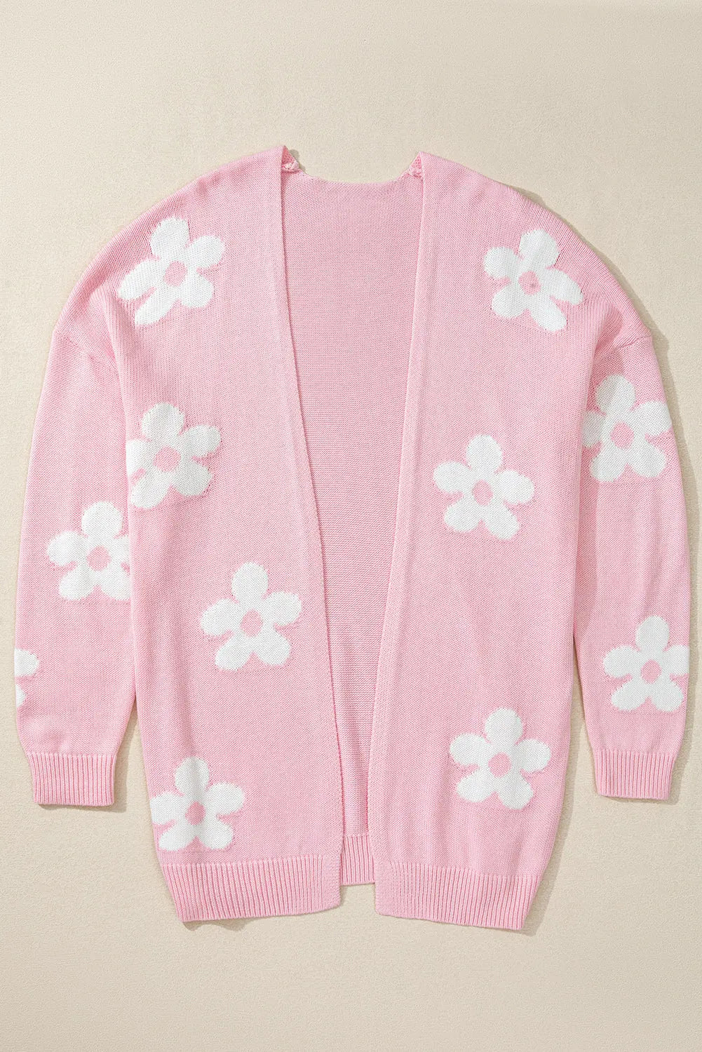 Pink Floral Print Knitted Open Front Loose Cardigan Beagle Boutique Fashion Outlet
