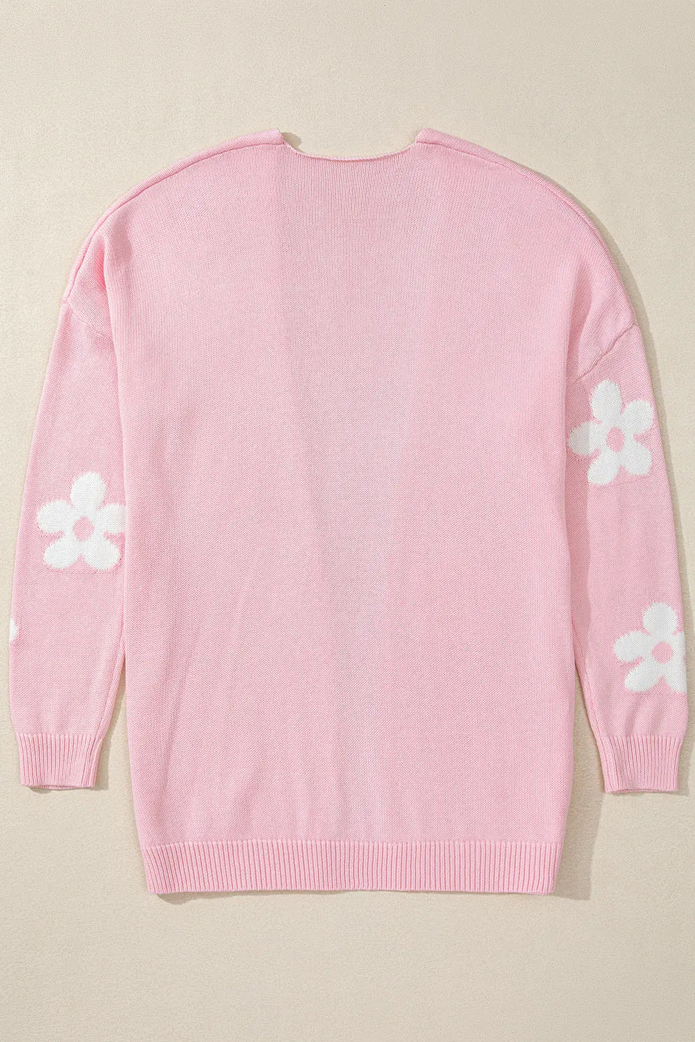 Pink Floral Print Knitted Open Front Loose Cardigan Beagle Boutique Fashion Outlet