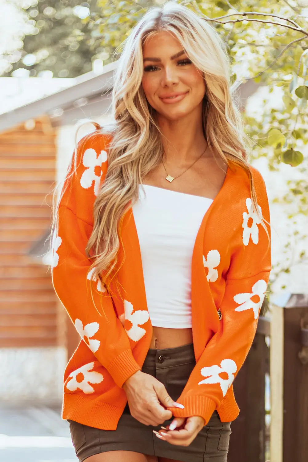 Pink Floral Print Knitted Open Front Loose Cardigan Beagle Boutique Fashion Outlet
