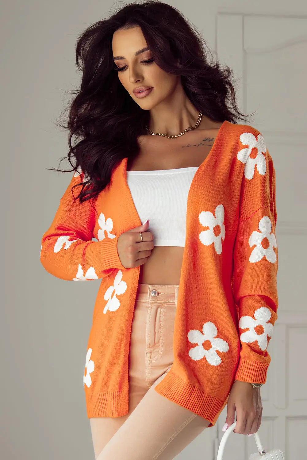 Pink Floral Print Knitted Open Front Loose Cardigan Beagle Boutique Fashion Outlet