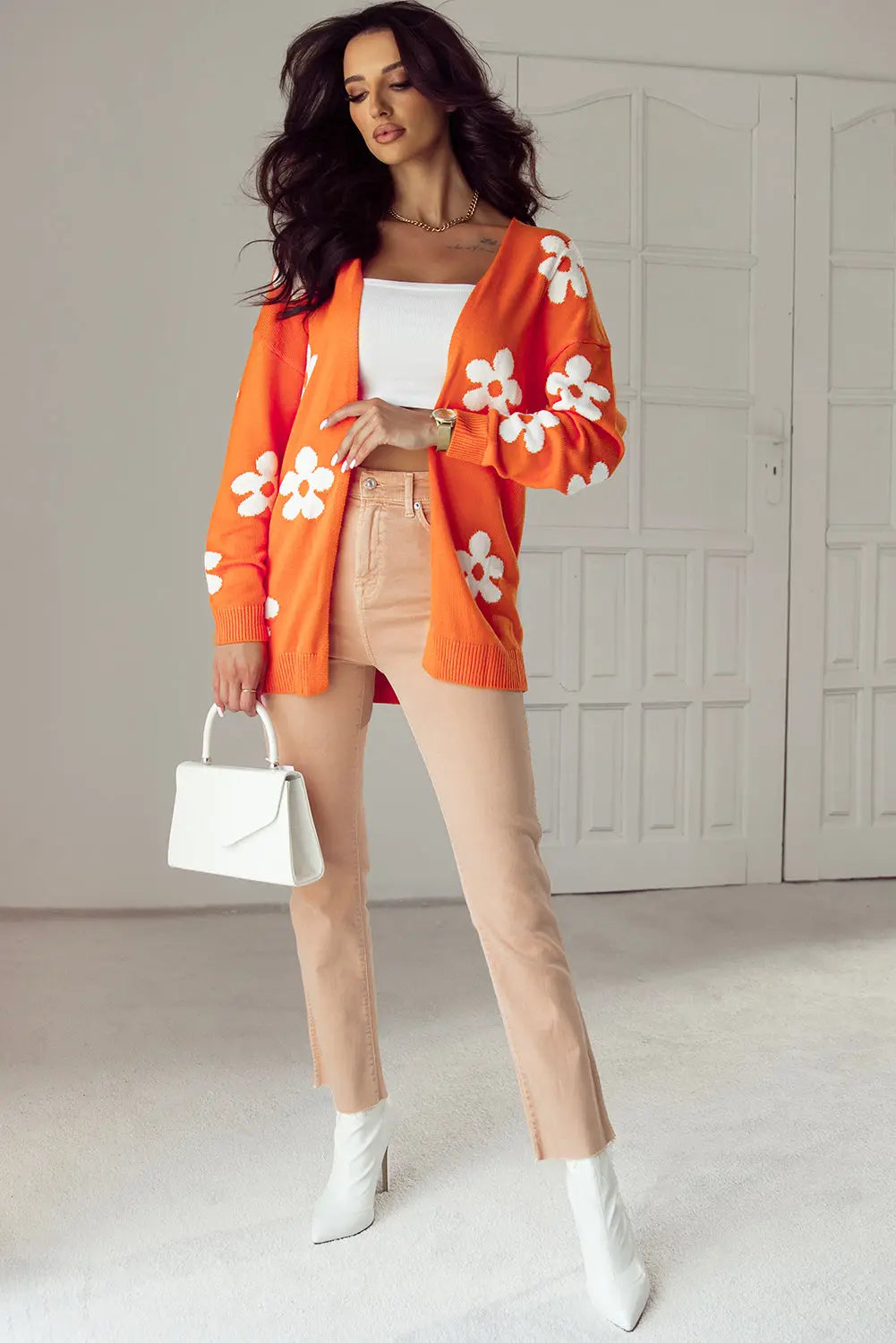 Pink Floral Print Knitted Open Front Loose Cardigan Beagle Boutique Fashion Outlet