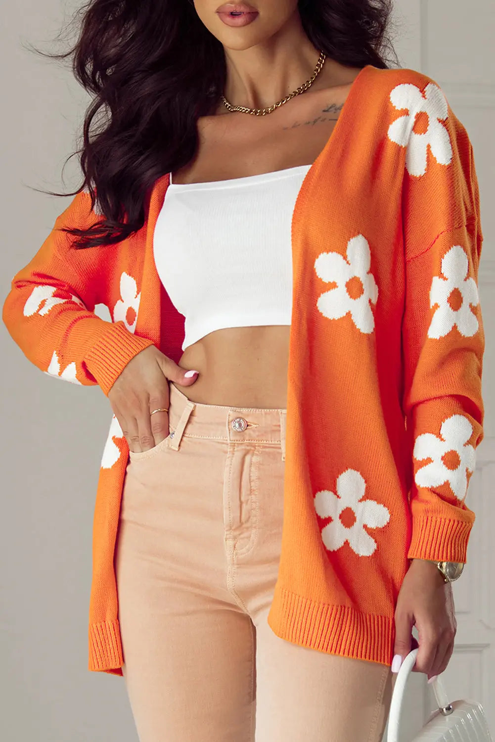 Pink Floral Print Knitted Open Front Loose Cardigan Beagle Boutique Fashion Outlet
