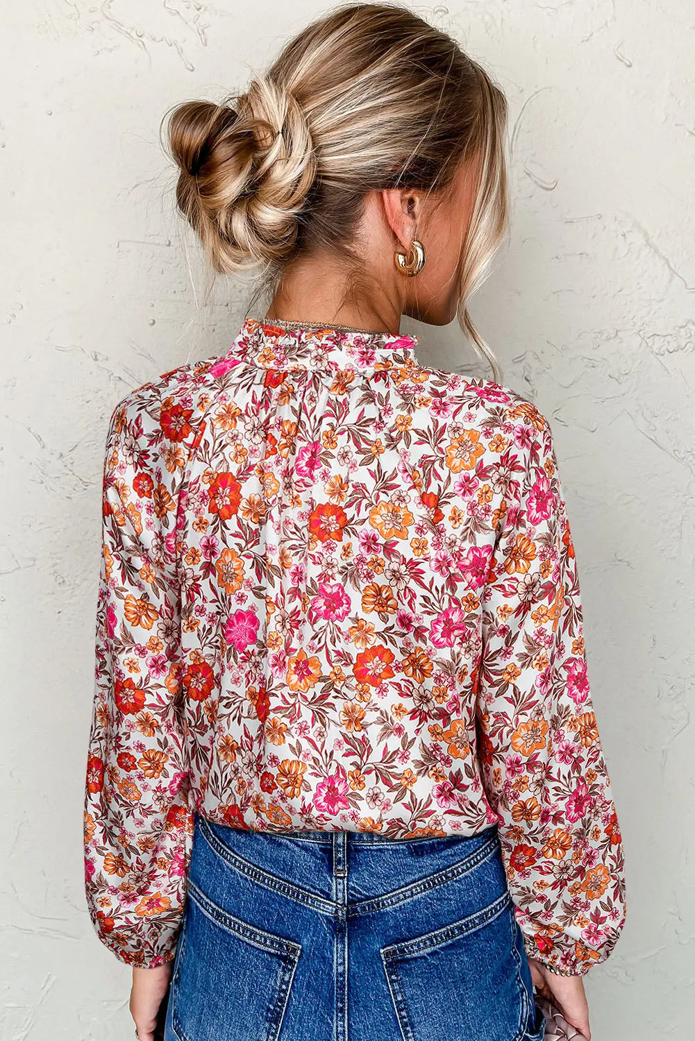 Pink Floral Print Tie Split Neck Bracelet Sleeve Blouse Dear-Lover Dropshipping