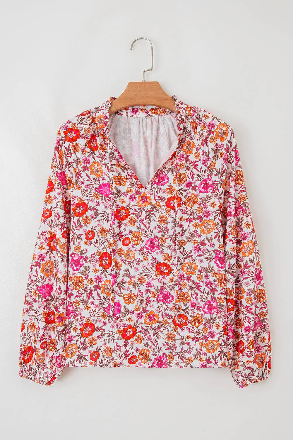 Pink Floral Print Tie Split Neck Bracelet Sleeve Blouse Dear-Lover Dropshipping