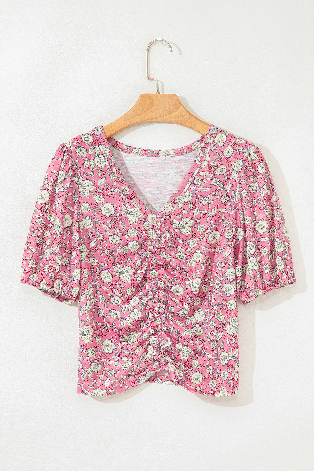 Pink Floral Short Puff Sleeve V Neck Ruched Blouse - eAura