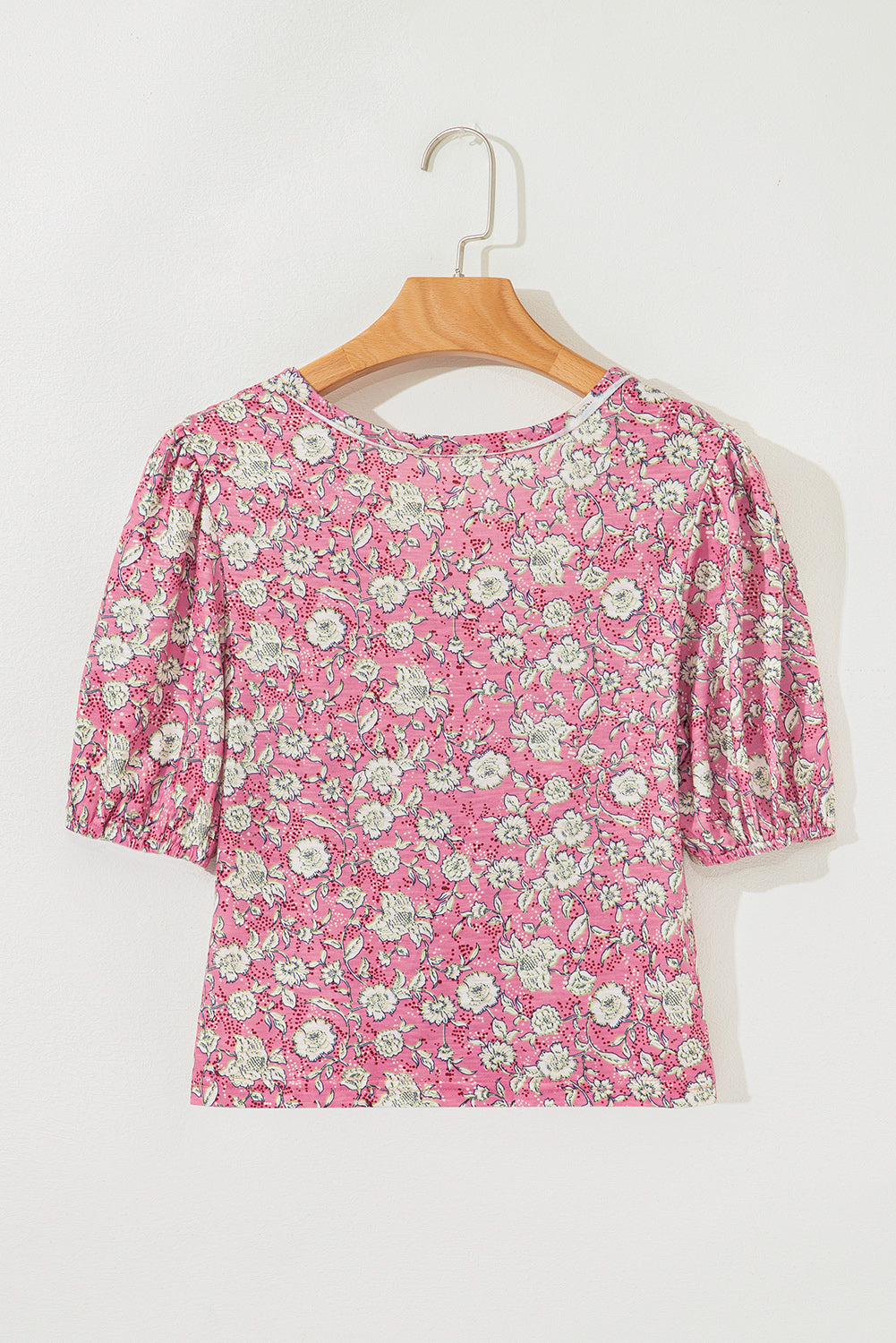 Pink Floral Short Puff Sleeve V Neck Ruched Blouse - eAura