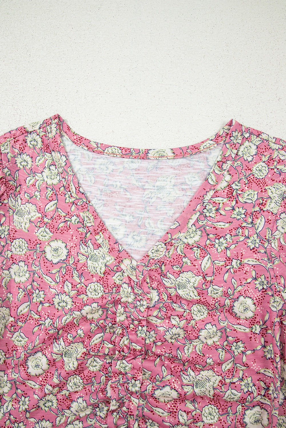 Pink Floral Short Puff Sleeve V Neck Ruched Blouse - eAura