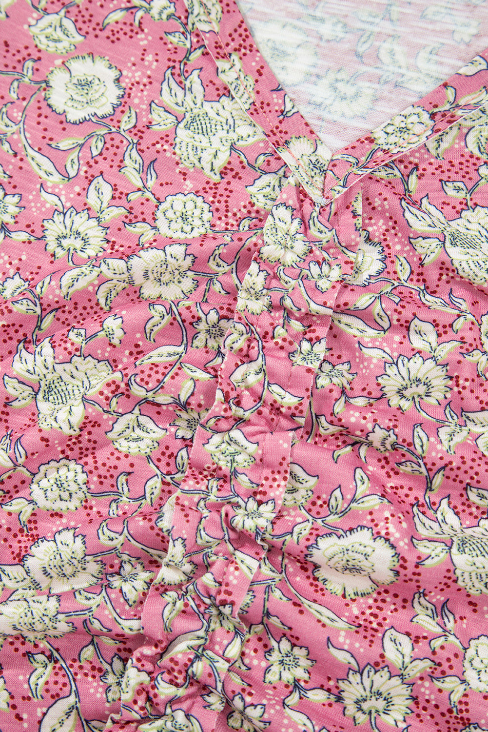 Pink Floral Short Puff Sleeve V Neck Ruched Blouse - eAura