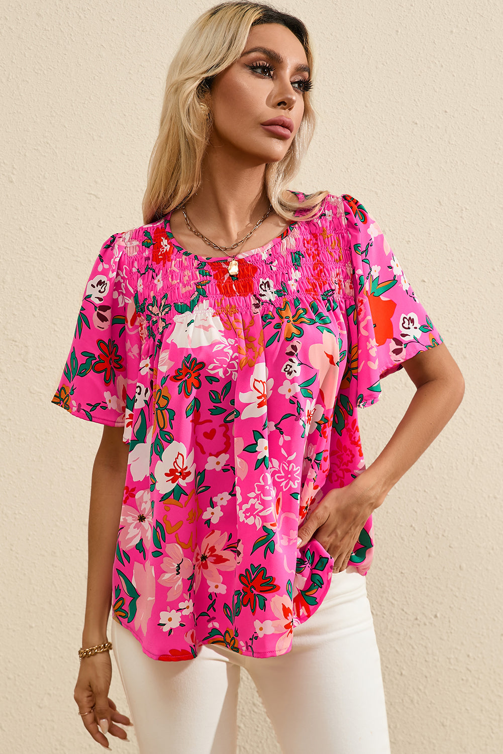 Pink Floral Short Sleeve Smocked Blouse - eAura