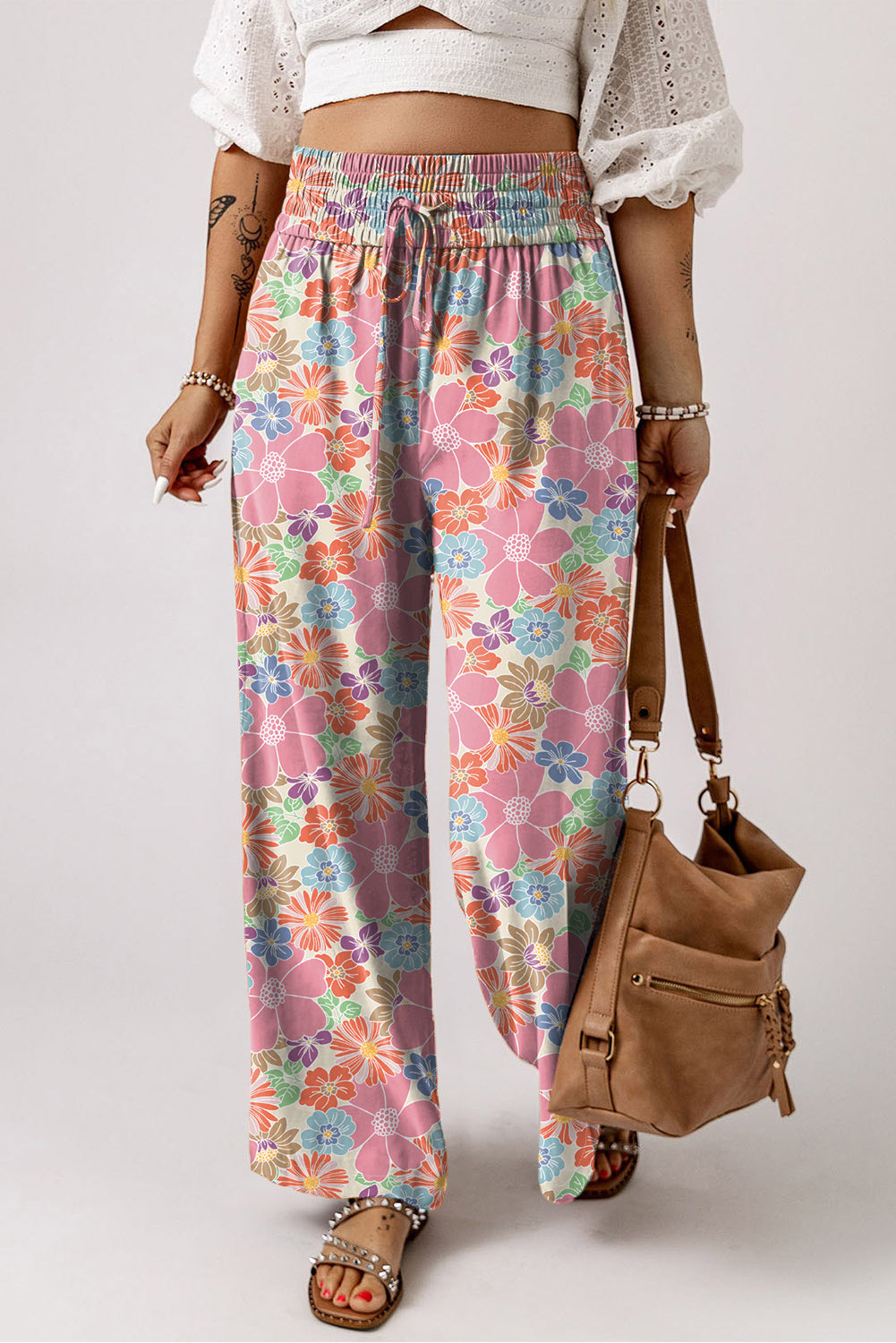 Pink Floral Smocked Waist Loose Trousers - eAura