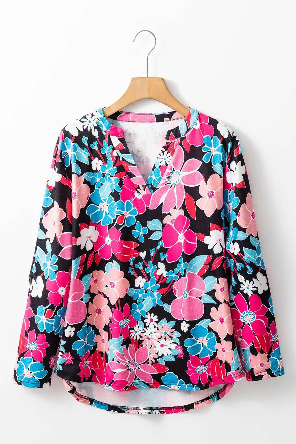 Pink Floral V Neck Roll Tab Sleeve Blouse - BB Fashion Outlet