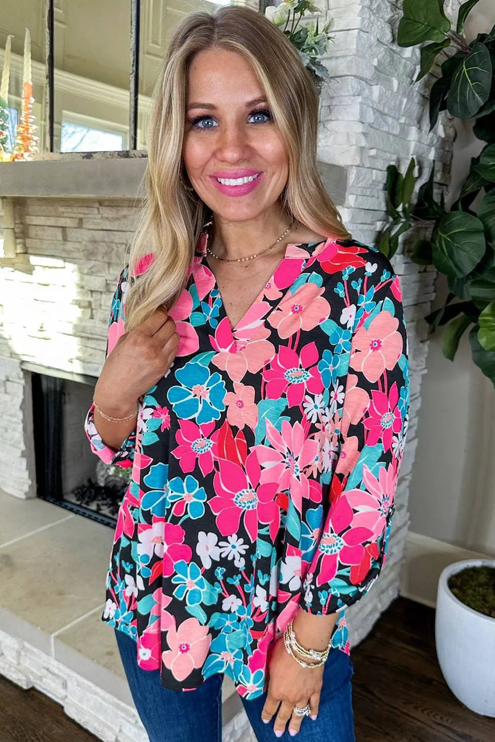 Pink Floral V Neck Roll Tab Sleeve Blouse - BB Fashion Outlet