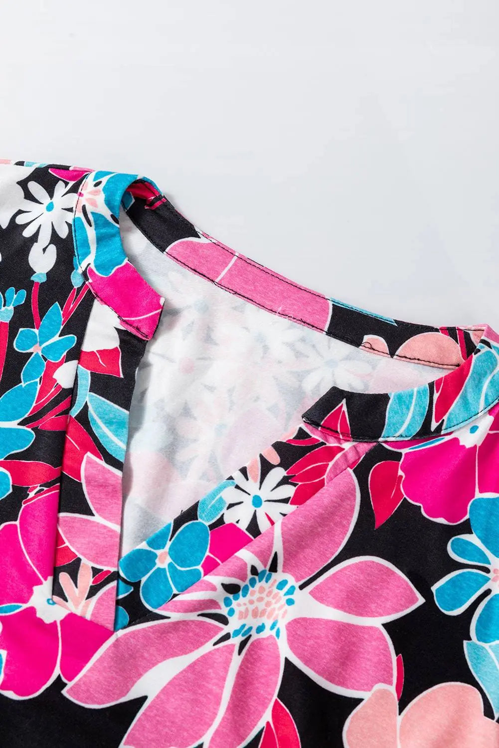 Pink Floral V Neck Roll Tab Sleeve Blouse - BB Fashion Outlet