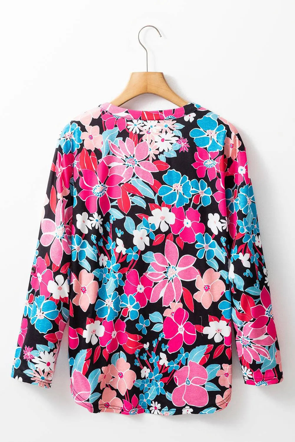 Pink Floral V Neck Roll Tab Sleeve Blouse - BB Fashion Outlet