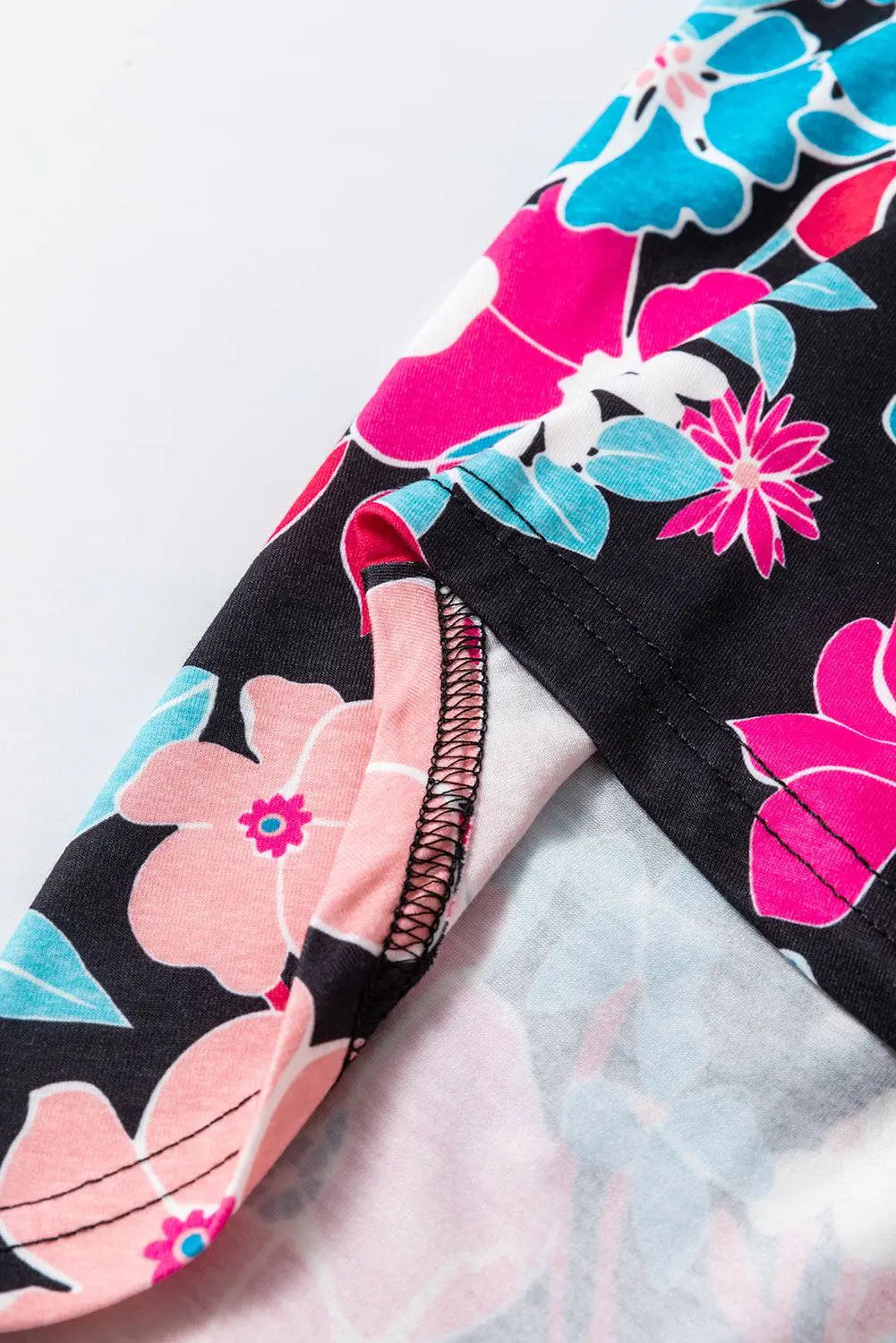 Pink Floral V Neck Roll Tab Sleeve Blouse - BB Fashion Outlet