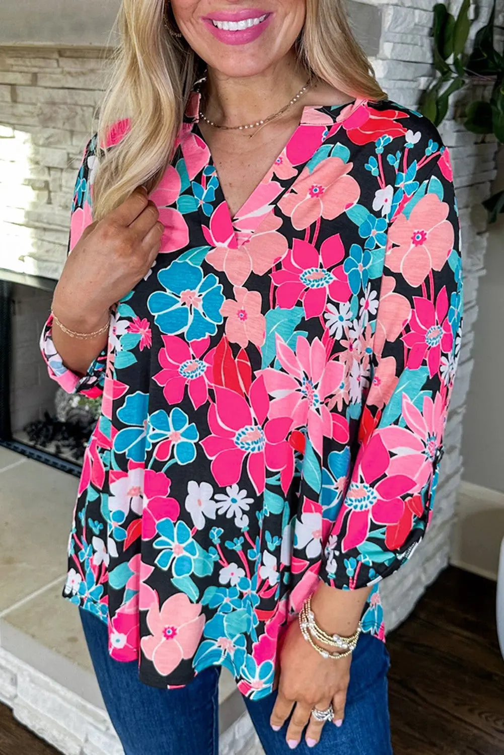 Pink Floral V Neck Roll Tab Sleeve Blouse - eAura