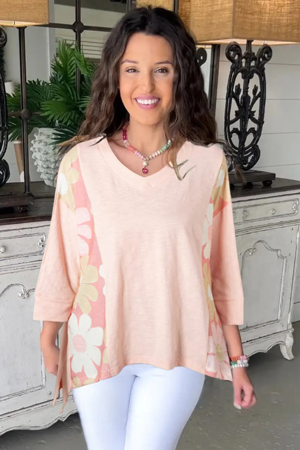 Pink Flower Patchwork Exposed Seam Oversized High Low Top - eAura