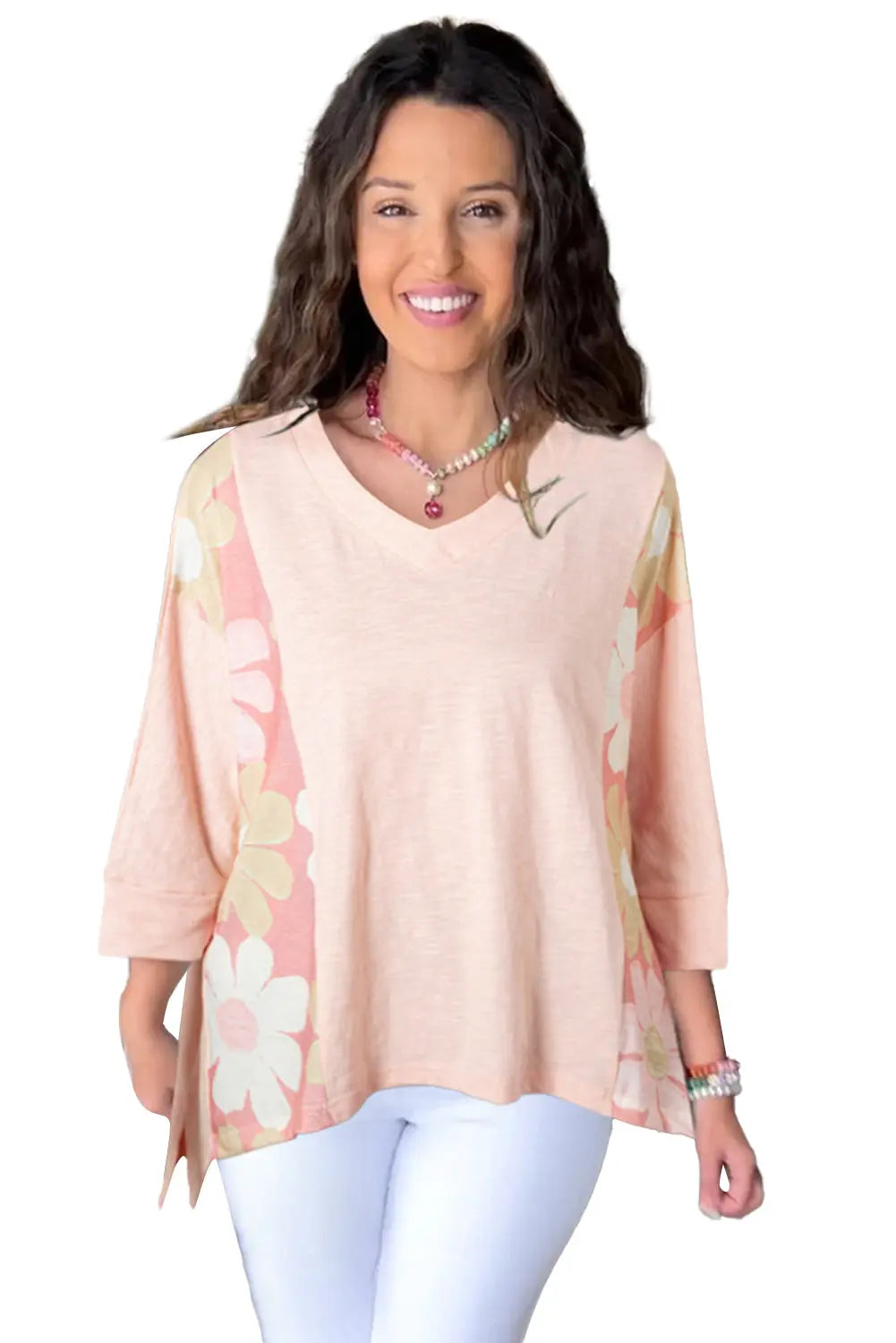 Pink Flower Patchwork Exposed Seam Oversized High Low Top - eAura