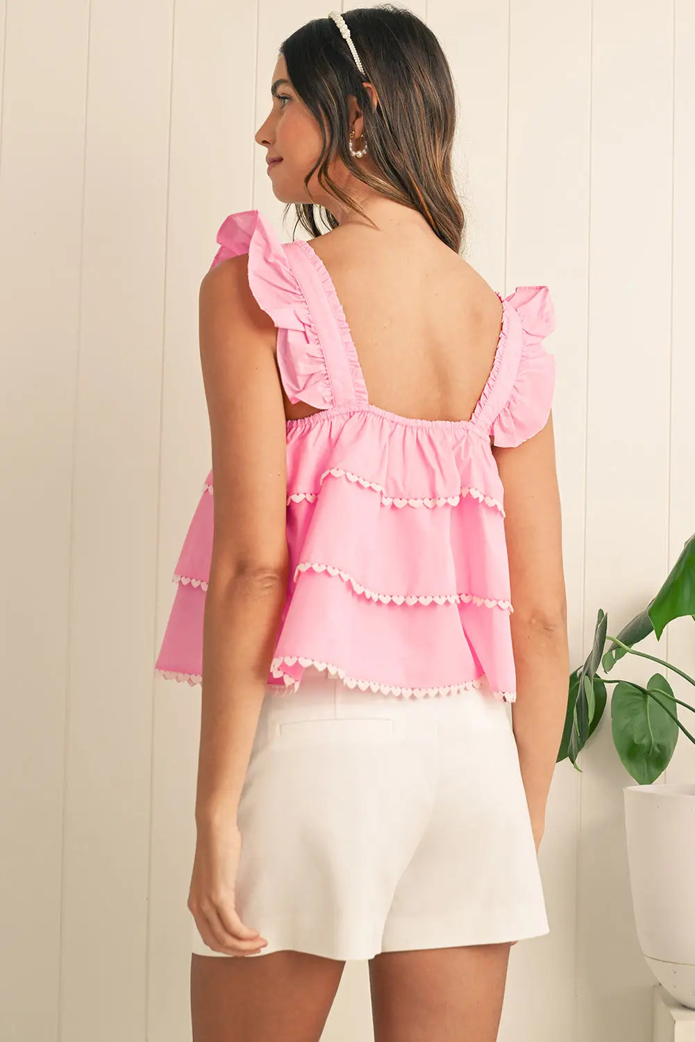 Pink Frill Square Neck Layered Ruffle Sleeveless Shirt - eAura