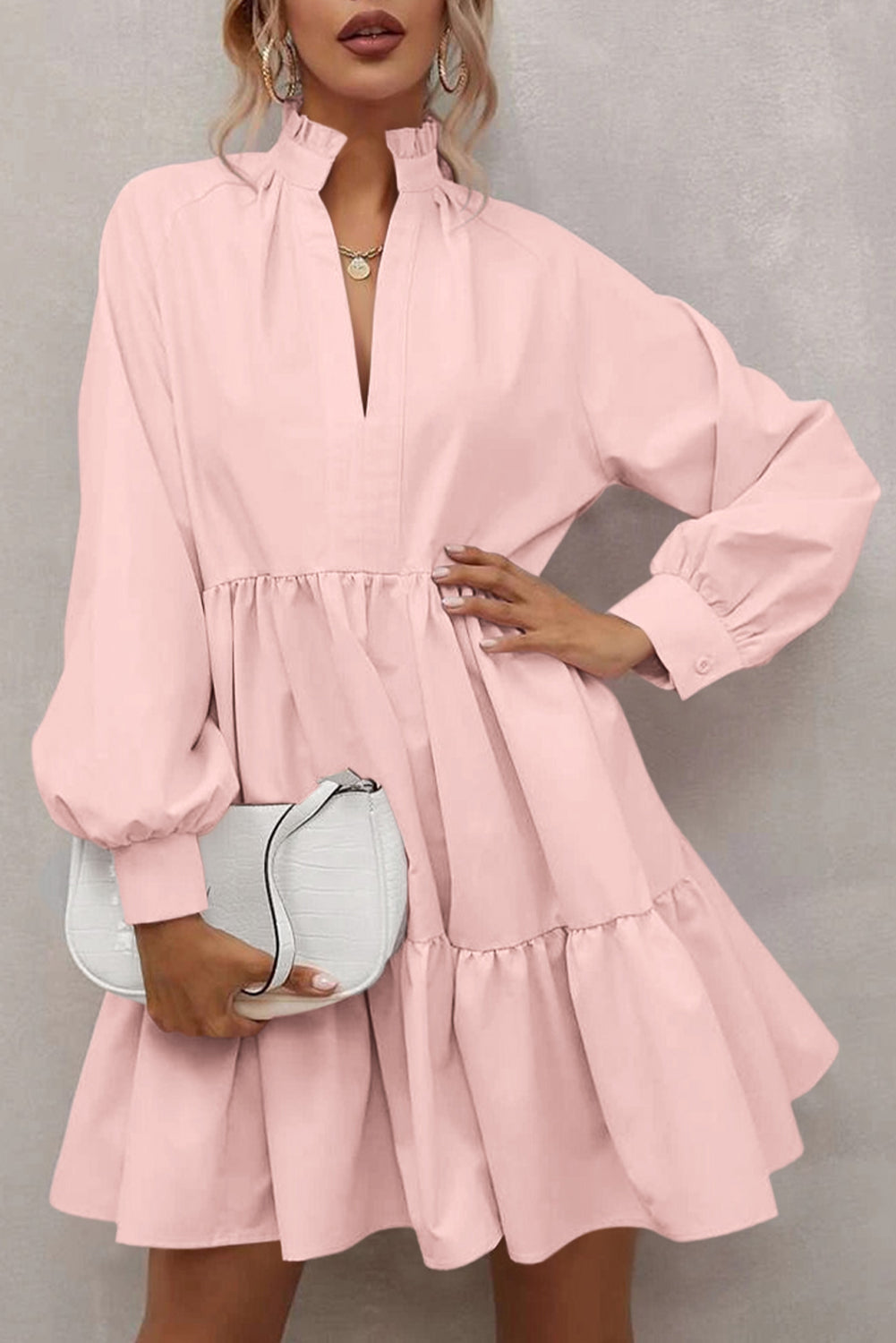 Pink Frilled Stand Collar Long Sleeve Ruffle Dress - eAura