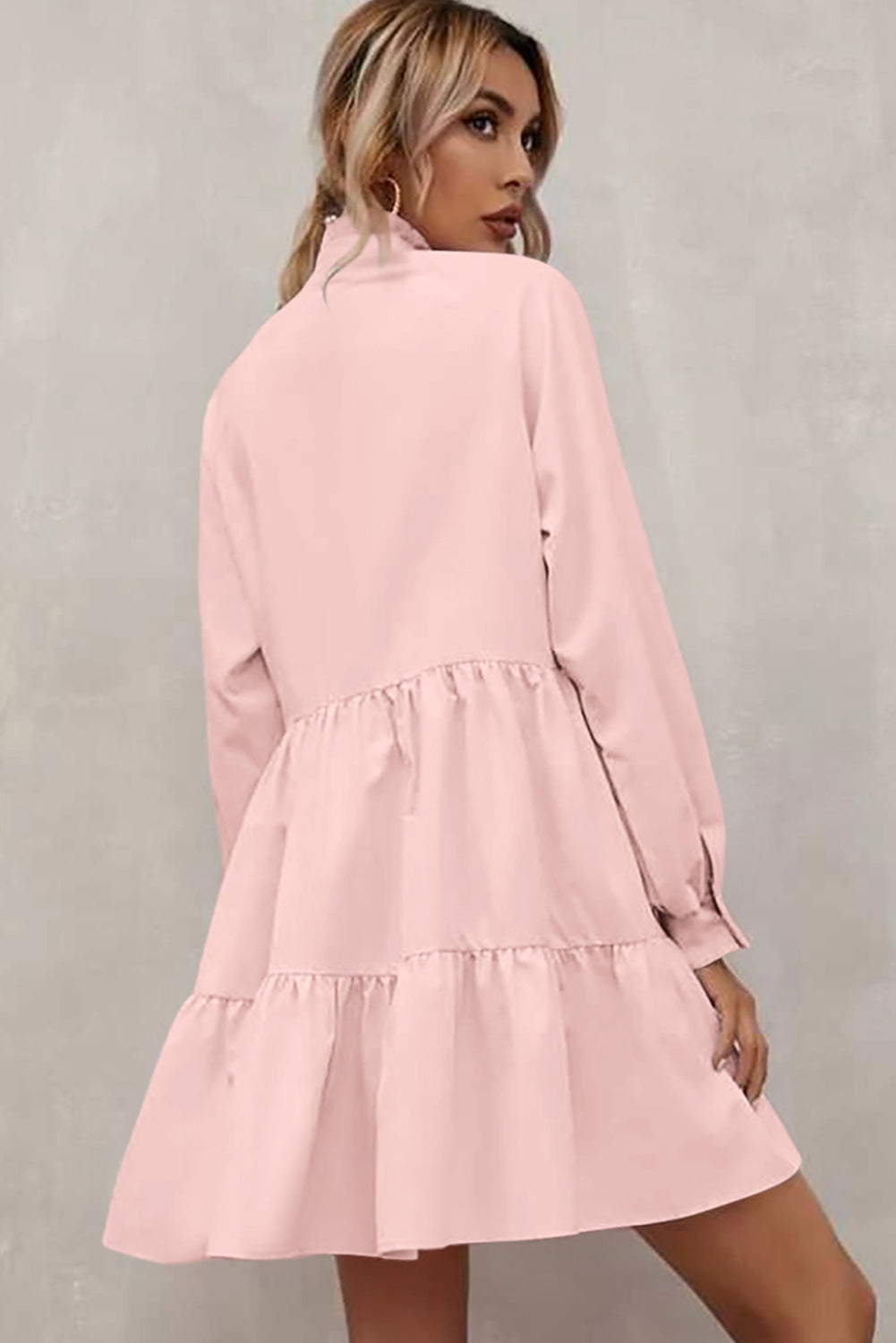 Pink Frilled Stand Collar Long Sleeve Ruffle Dress - eAura