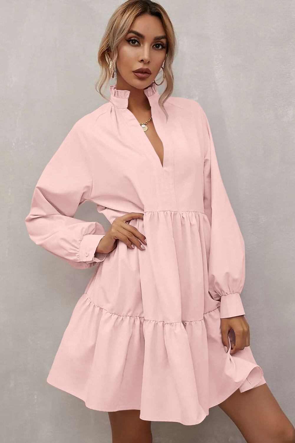 Pink Frilled Stand Collar Long Sleeve Ruffle Dress - eAura