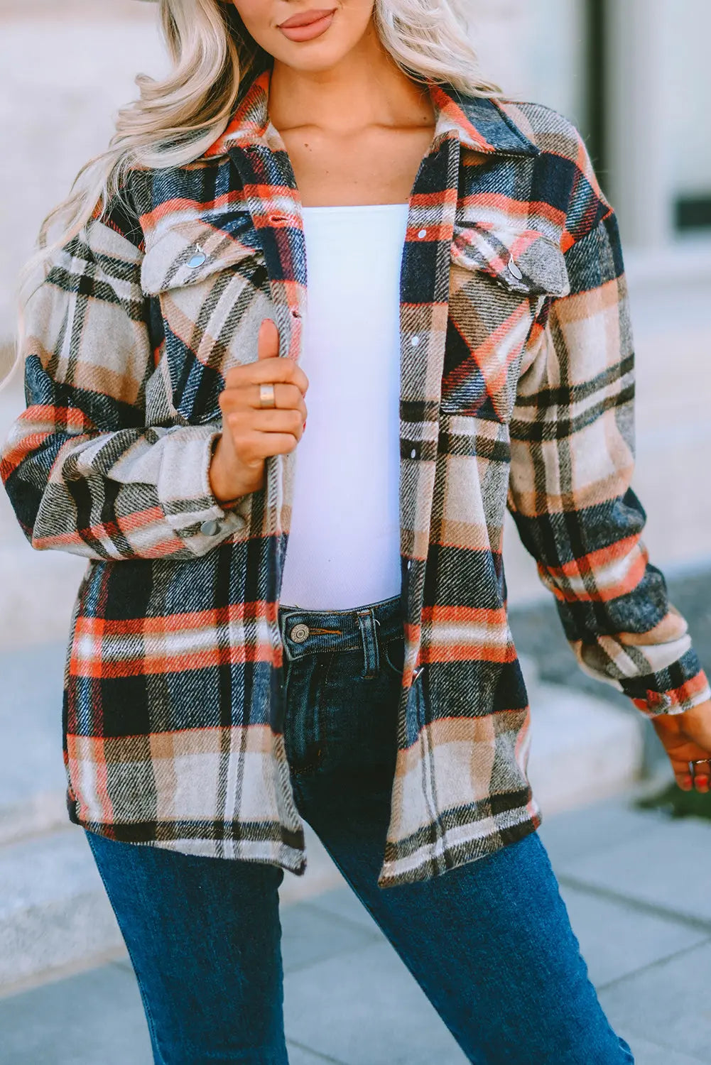 Pink Geometric Plaid Print Pocketed Shacket eAura