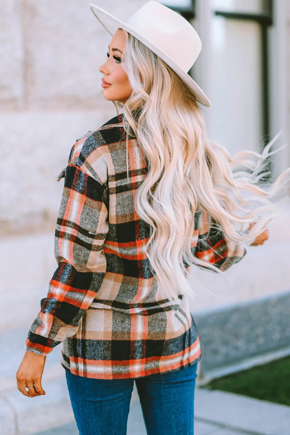 Pink Geometric Plaid Print Pocketed Shacket eAura