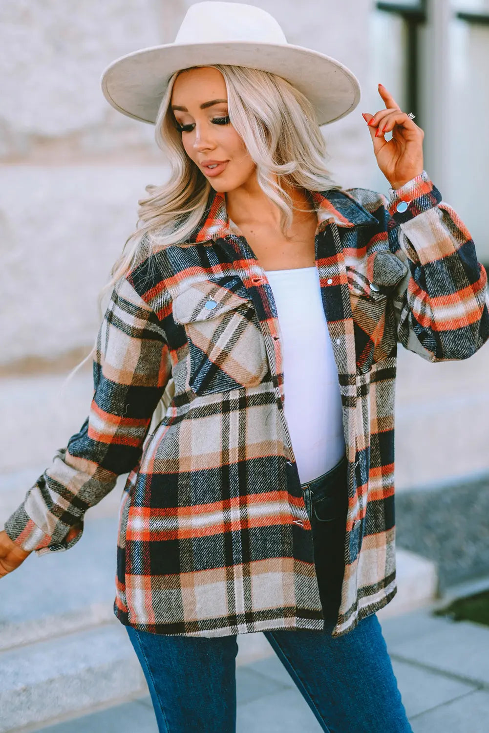 Pink Geometric Plaid Print Pocketed Shacket eAura