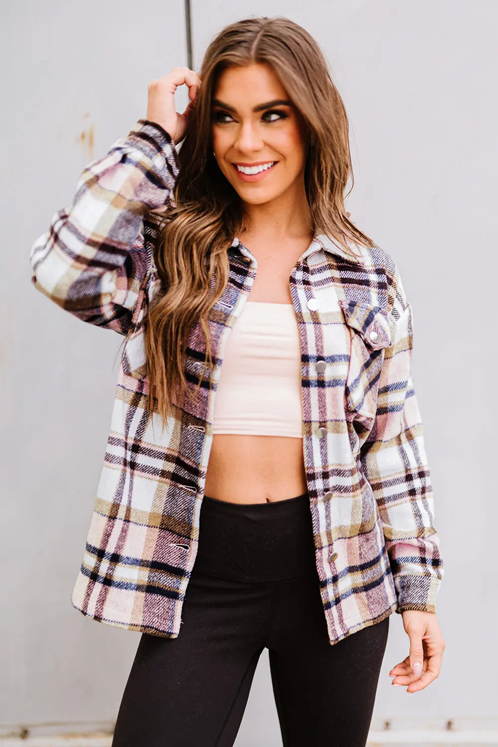 Pink Geometric Plaid Print Pocketed Shacket eAura