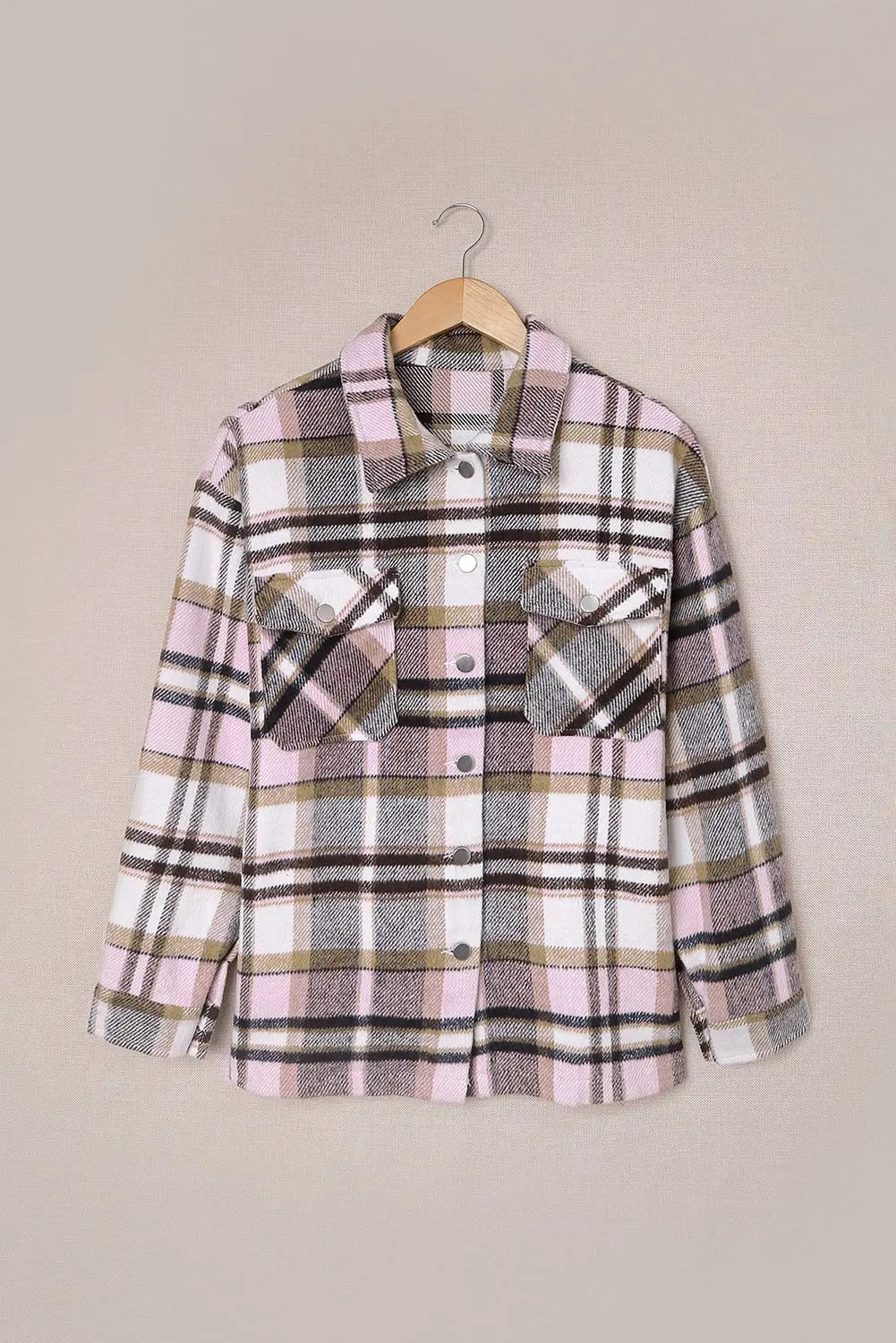 Pink Geometric Plaid Print Pocketed Shacket eAura