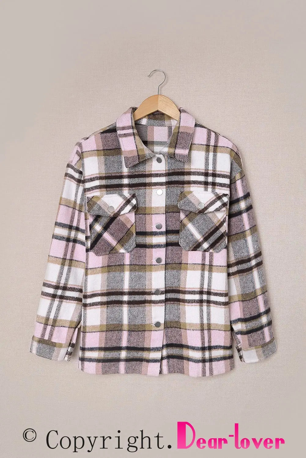 Pink Geometric Plaid Print Pocketed Shacket eAura
