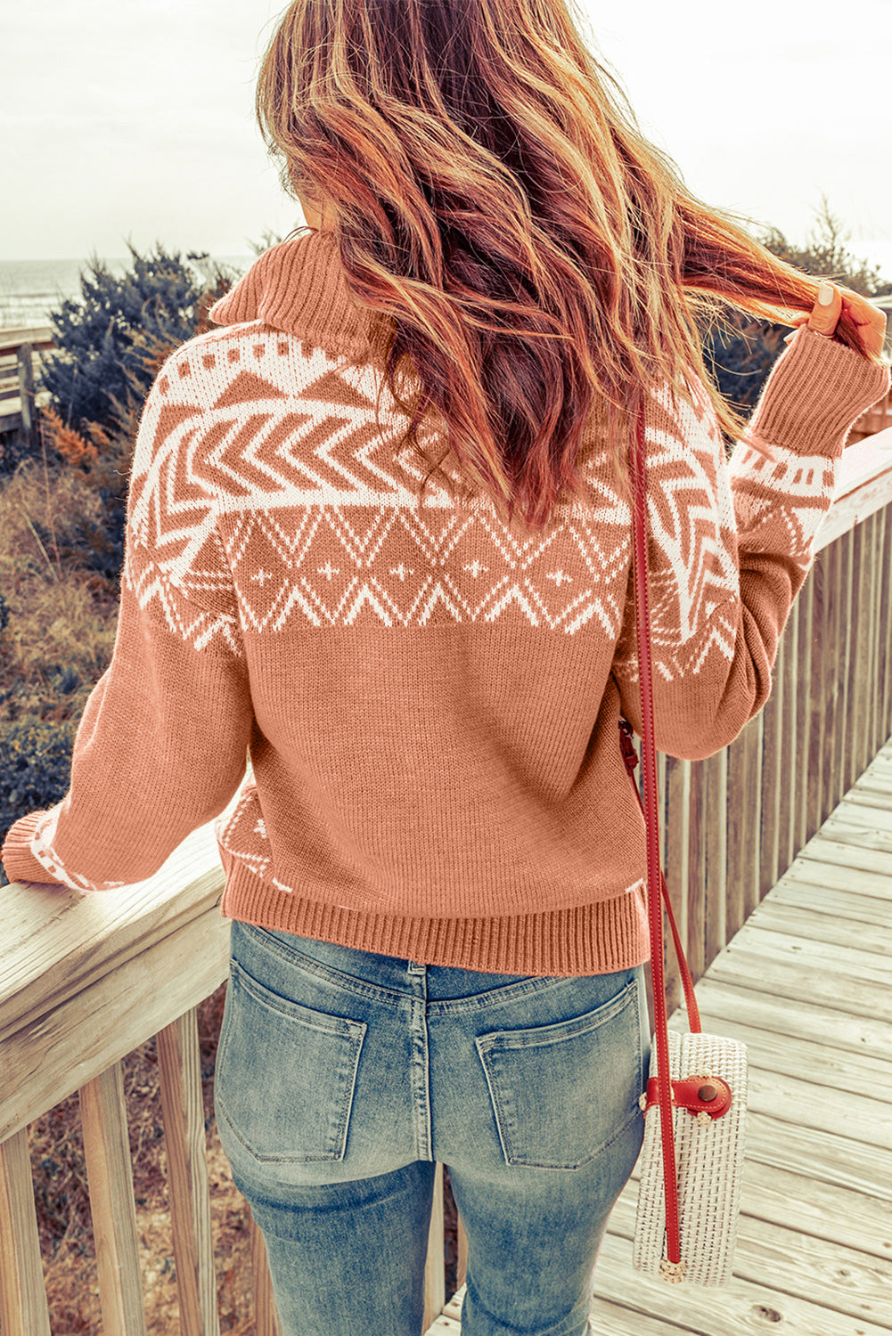 Pink Geometry Knit Quarter Zip Sweater - eAura