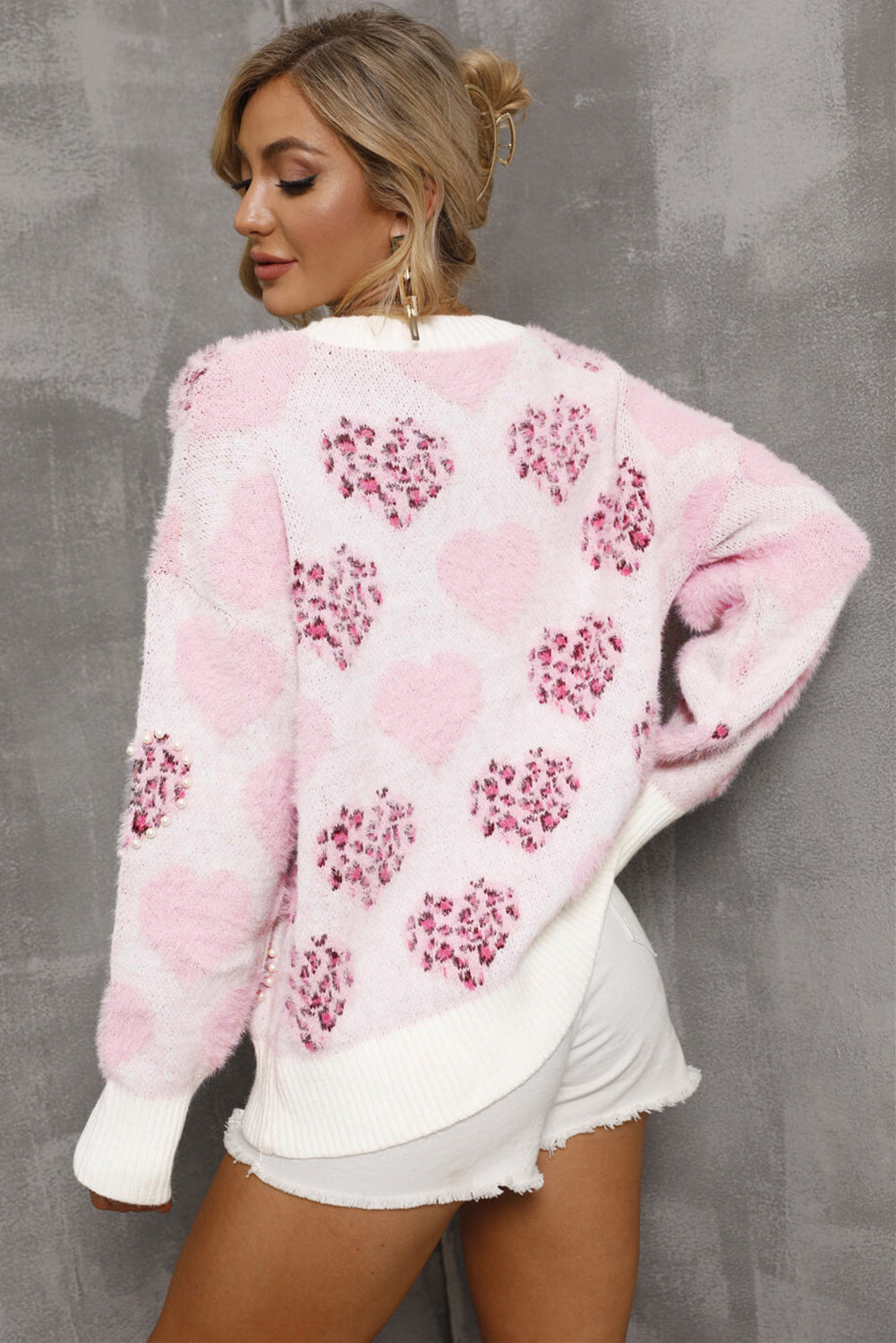 Pink Heart Leopard Print Pearled Ribbed Trim Fuzzy Sweater - eAura
