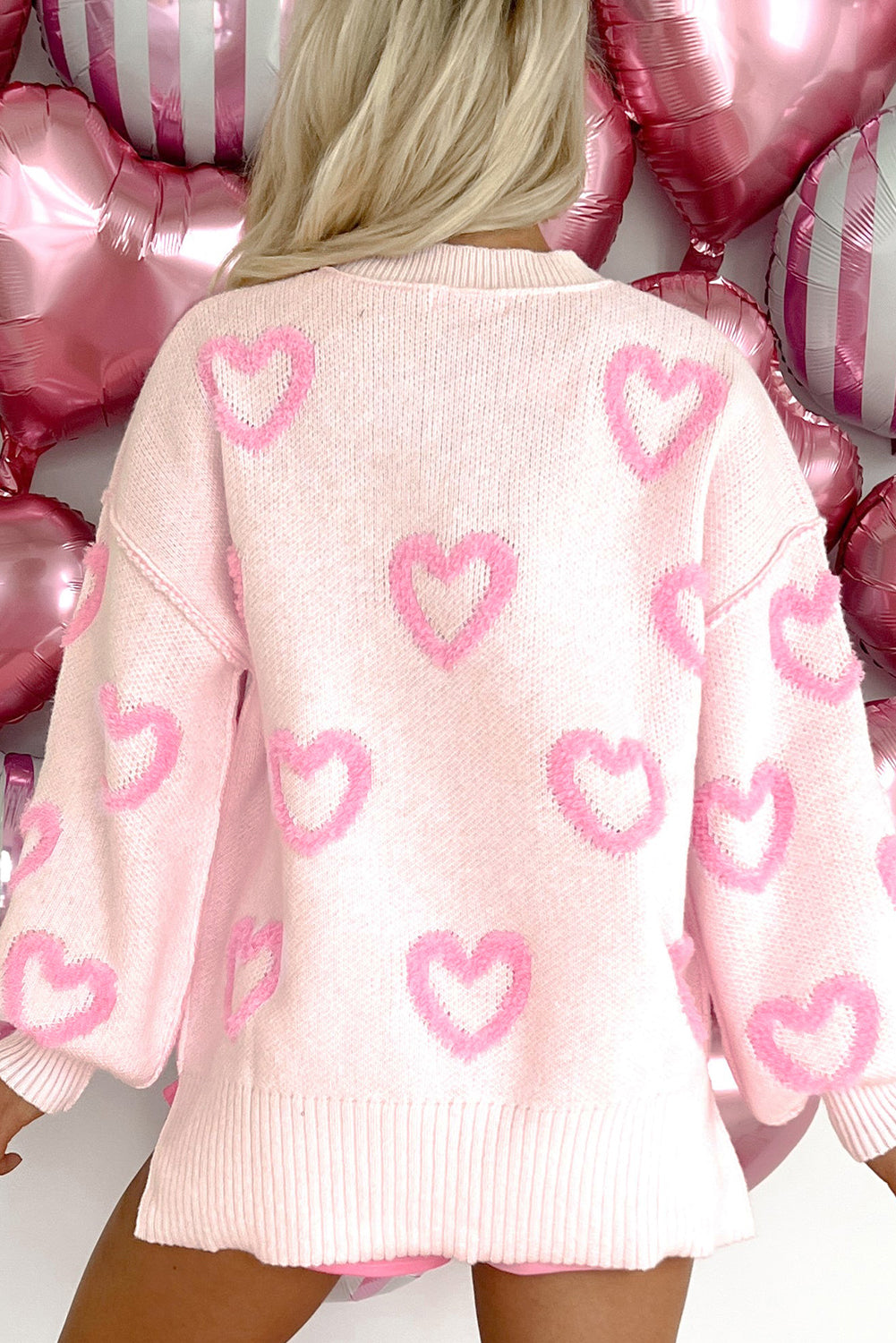 Pink Heart Shape Bubble Sleeve Baggy Sweater - eAura