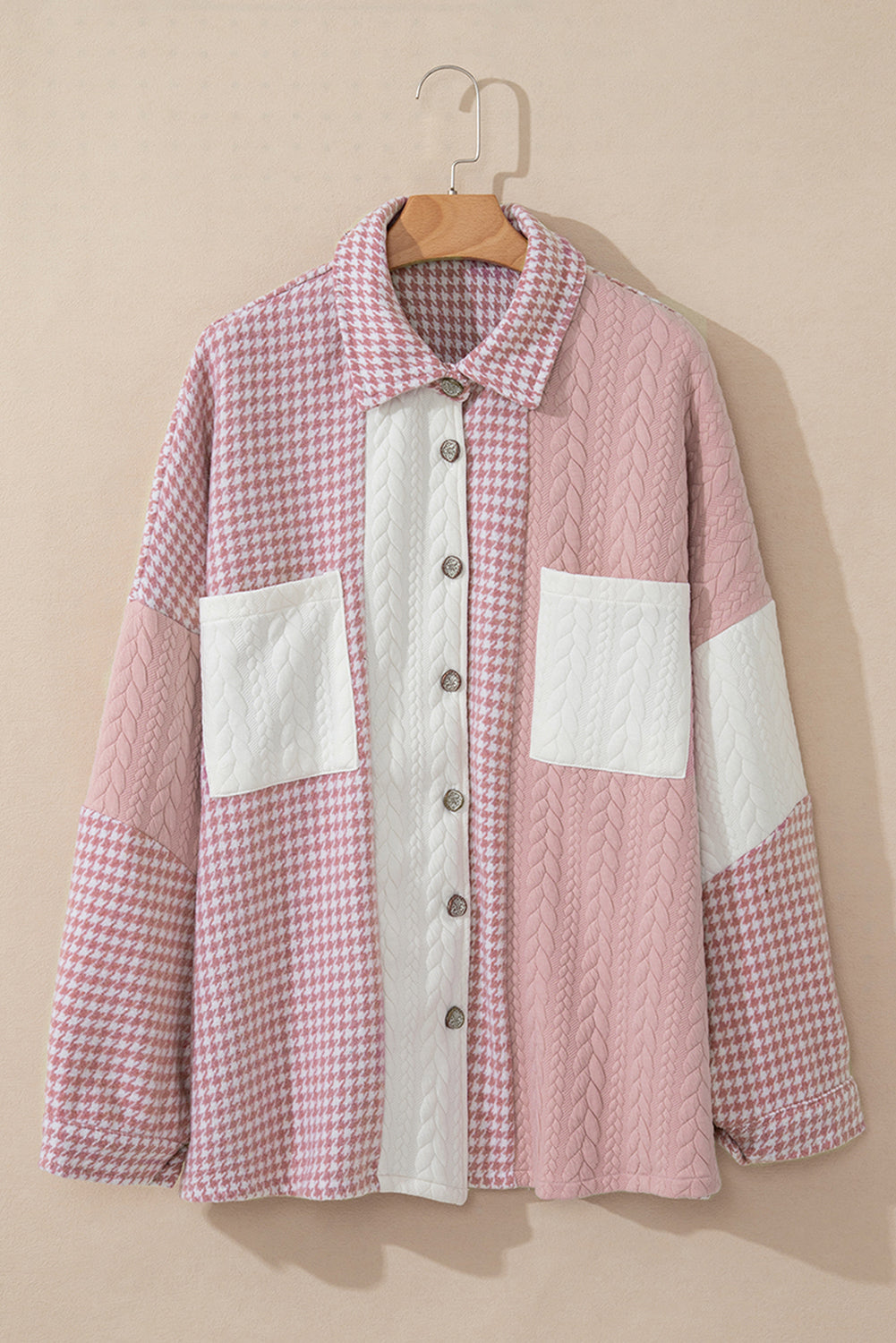 Pink Houndstooth Colour Contrast Textured Patchwork Loose Shacket - PINK / S / 100% POLYESTER - Outerwear/Jackets