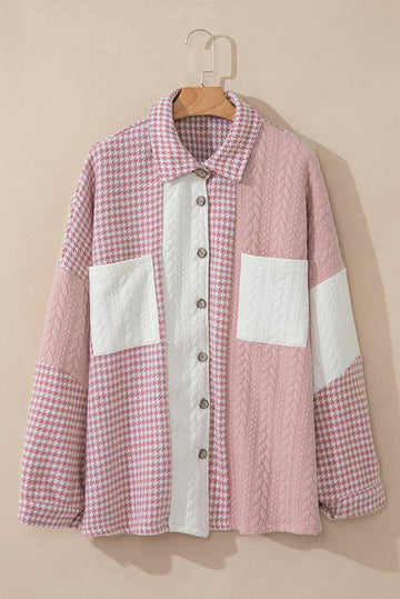 Pink Houndstooth Colour Contrast Textured Patchwork Loose Shacket - PINK / S / 100% POLYESTER - Outerwear/Jackets