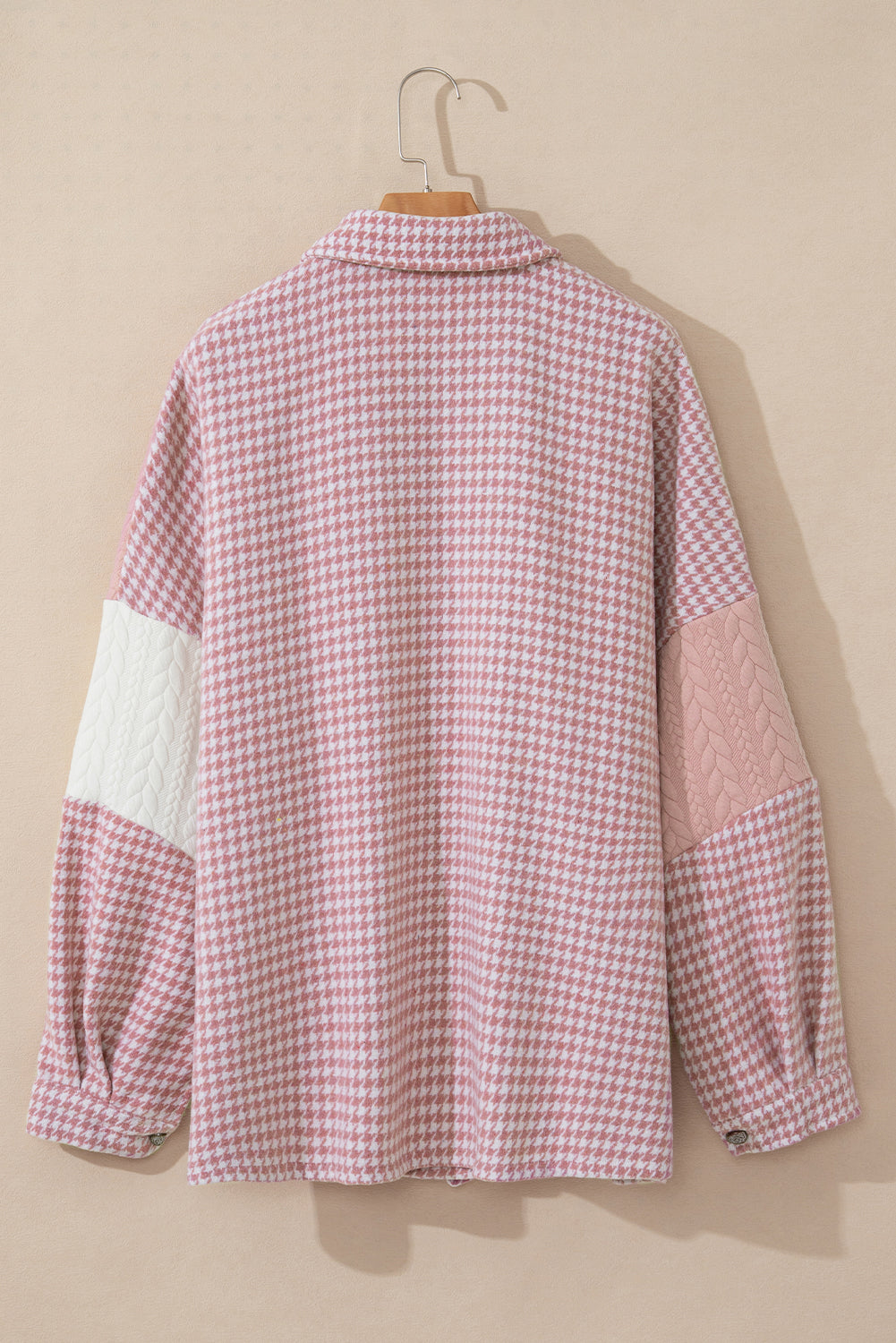 Pink Houndstooth Colour Contrast Textured Patchwork Loose Shacket - Outerwear/Jackets