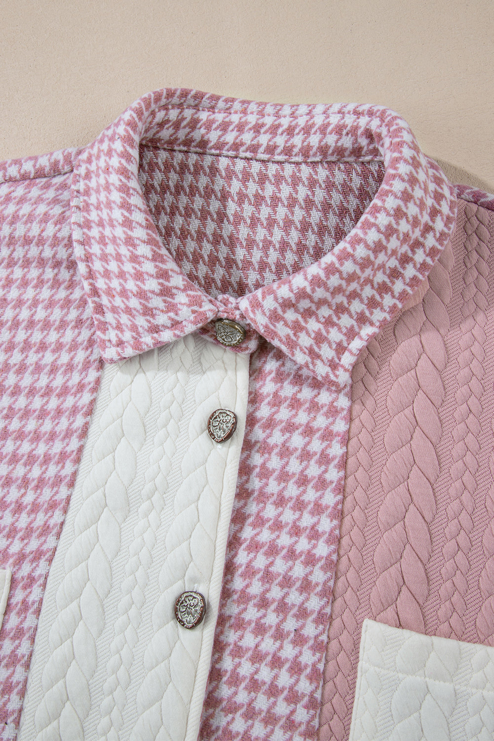 Pink Houndstooth Colour Contrast Textured Patchwork Loose Shacket - Outerwear/Jackets