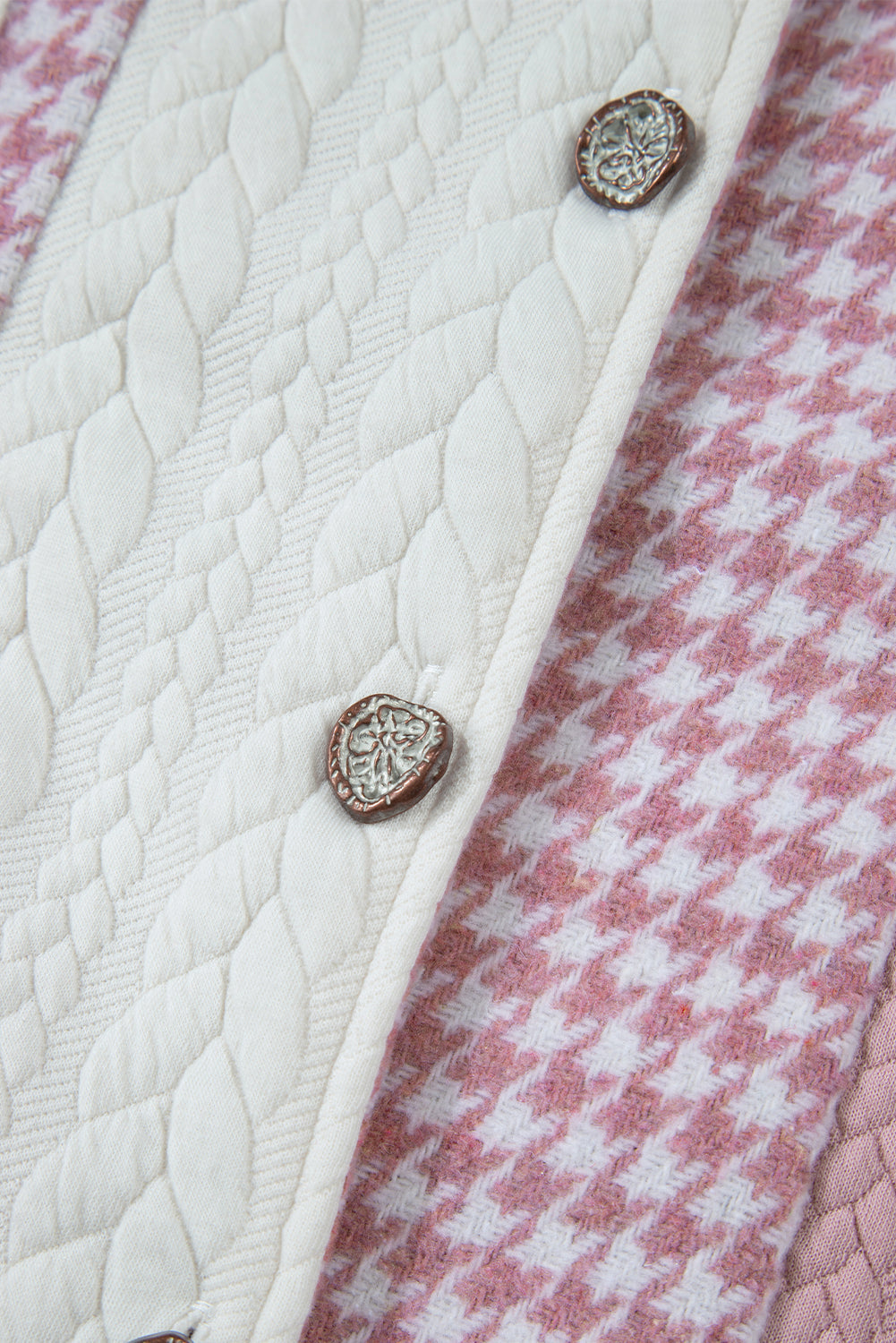 Pink Houndstooth Colour Contrast Textured Patchwork Loose Shacket - Outerwear/Jackets