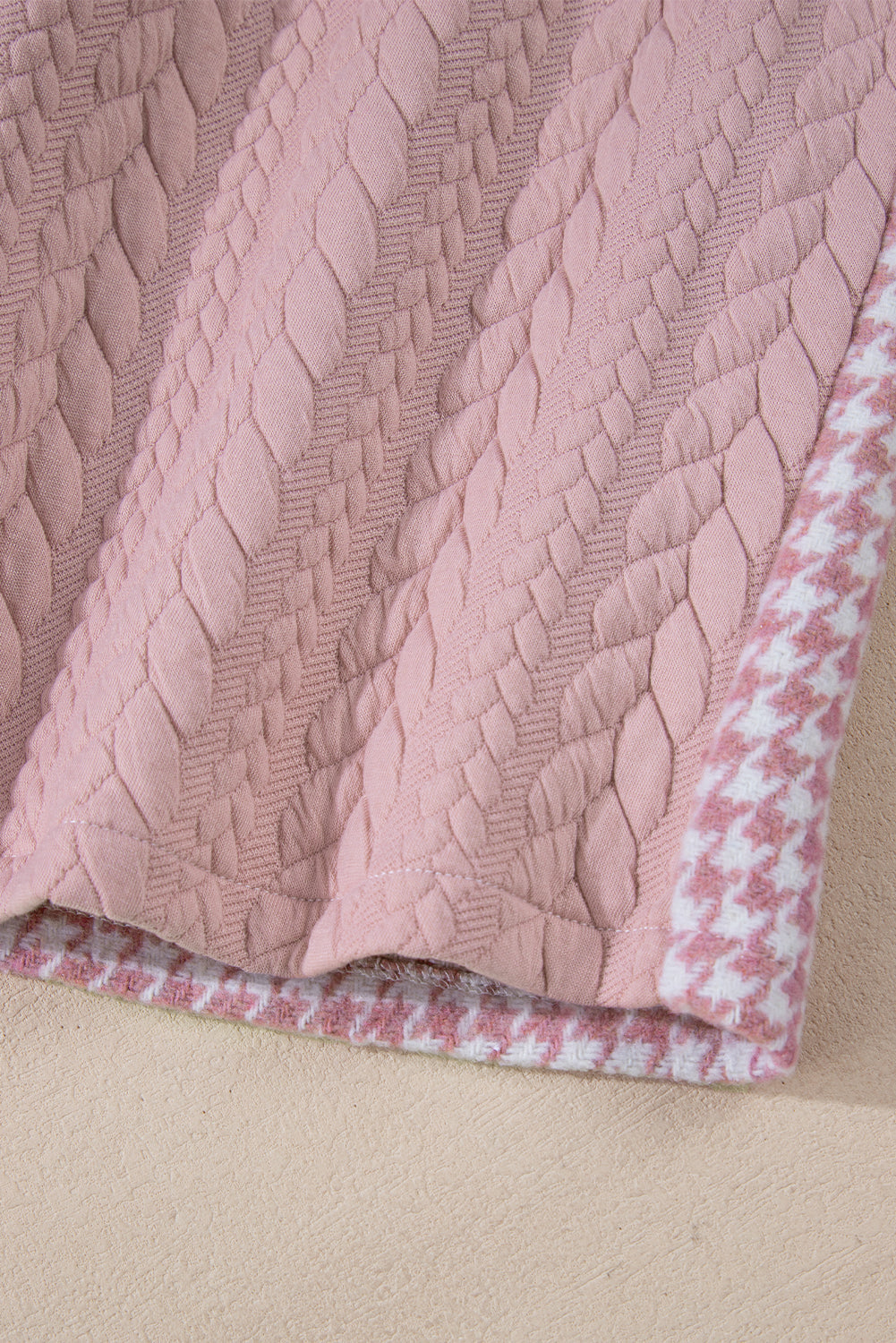 Pink Houndstooth Colour Contrast Textured Patchwork Loose Shacket - Outerwear/Jackets