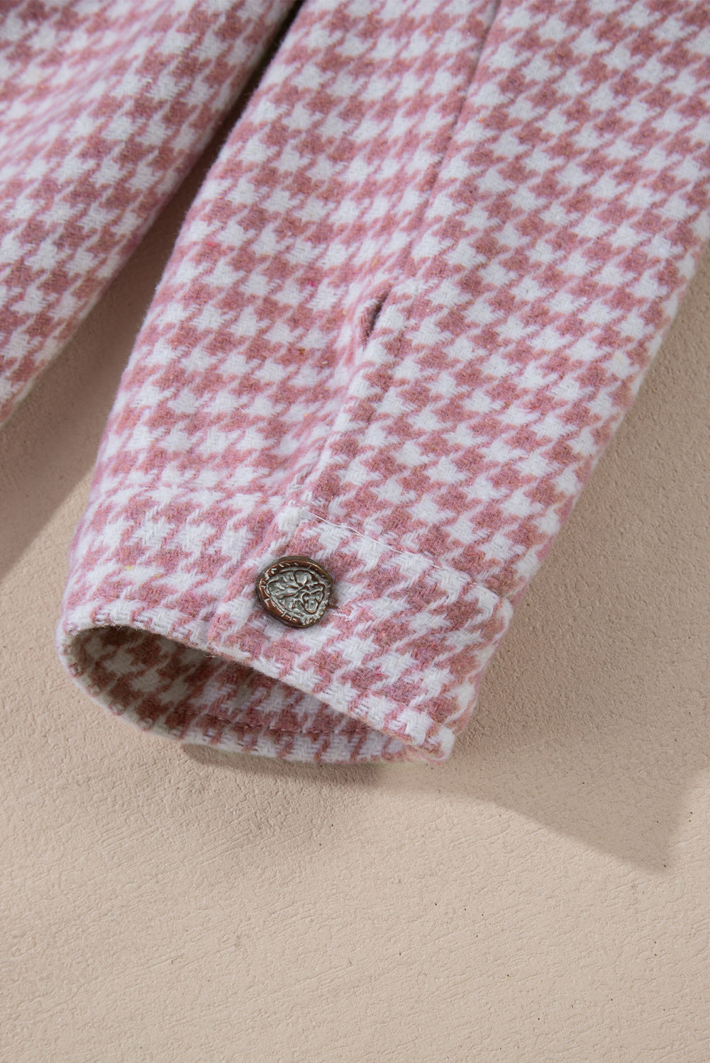 Pink Houndstooth Colour Contrast Textured Patchwork Loose Shacket - Outerwear/Jackets