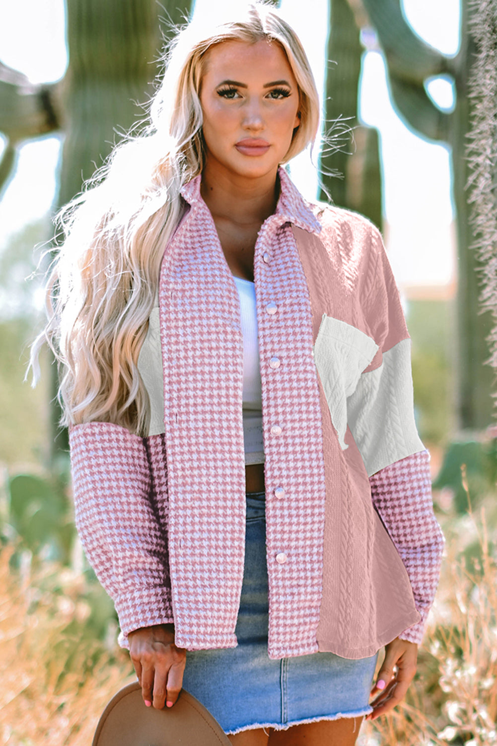 Pink Houndstooth Colour Contrast Textured Patchwork Loose Shacket - Outerwear/Jackets