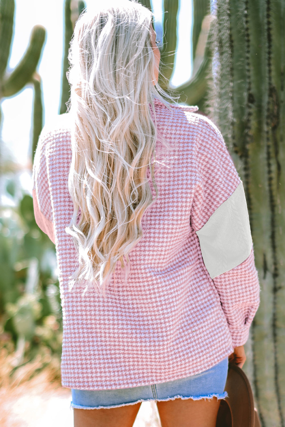 Pink Houndstooth Colour Contrast Textured Patchwork Loose Shacket - Outerwear/Jackets