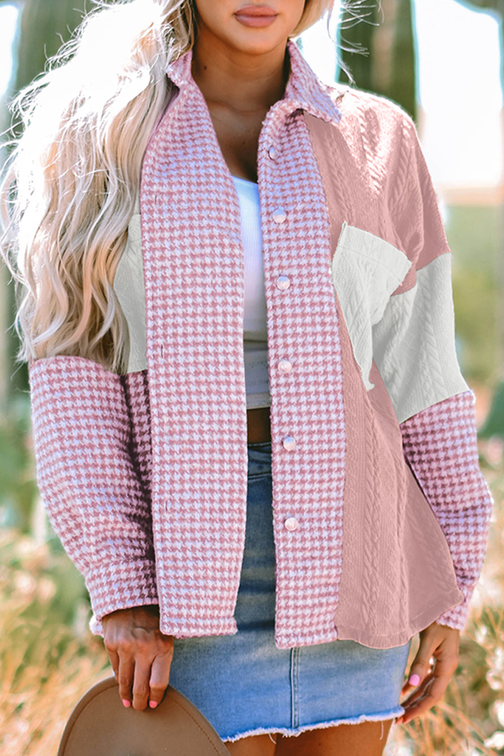 Pink Houndstooth Colour Contrast Textured Patchwork Loose Shacket - Outerwear/Jackets