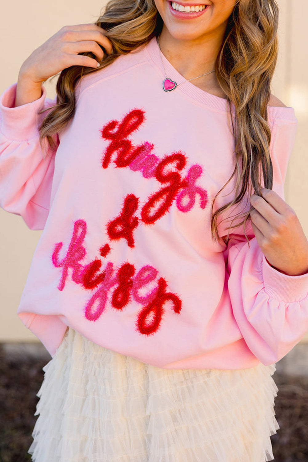 Pink Hugs and Kisses Pop Up Embroidered Raglan Sleeve Sweatshirt - PINK / S / 65% POLYESTER + 35% COTTON