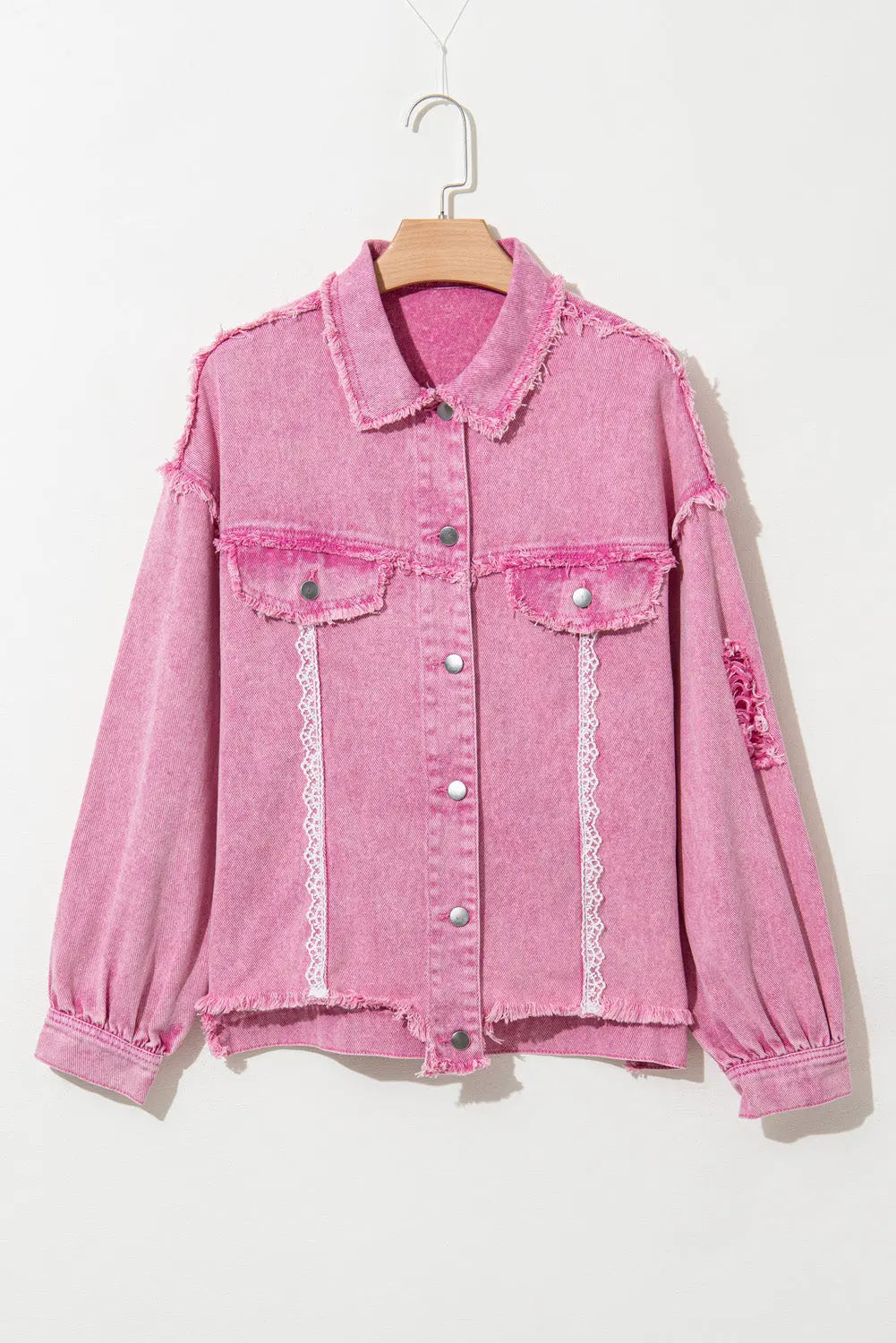 Pink Lace Patchwork Distressed Buttoned Denim Jacket eAura