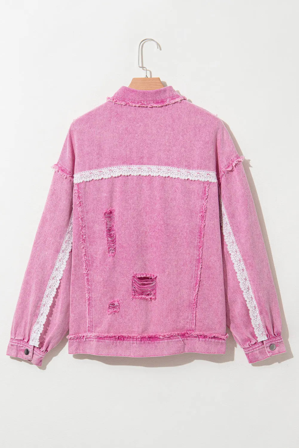 Pink Lace Patchwork Distressed Buttoned Denim Jacket eAura