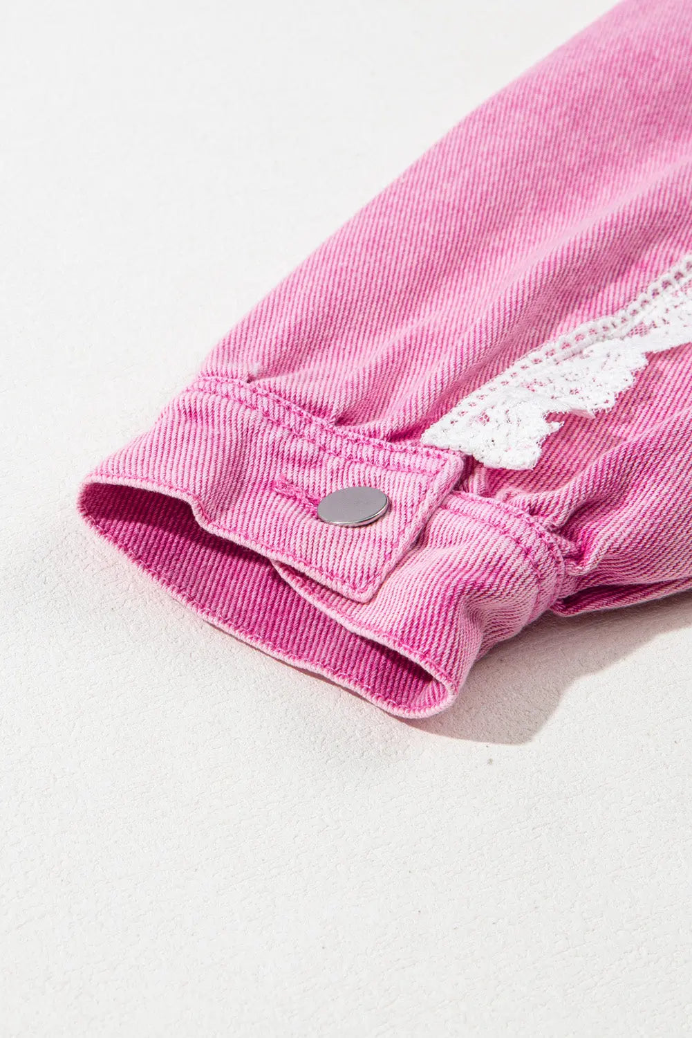Pink Lace Patchwork Distressed Buttoned Denim Jacket eAura