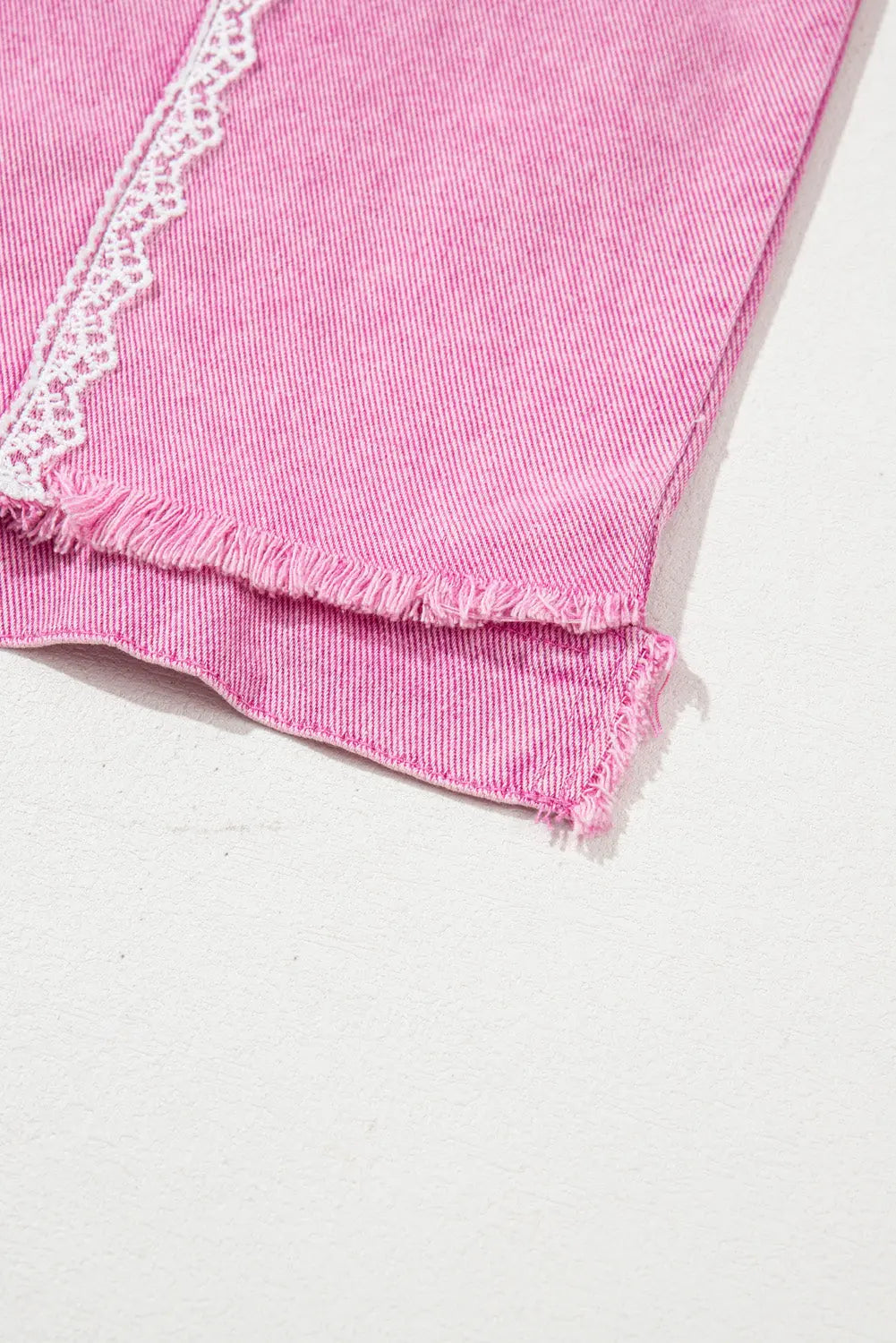 Pink Lace Patchwork Distressed Buttoned Denim Jacket eAura